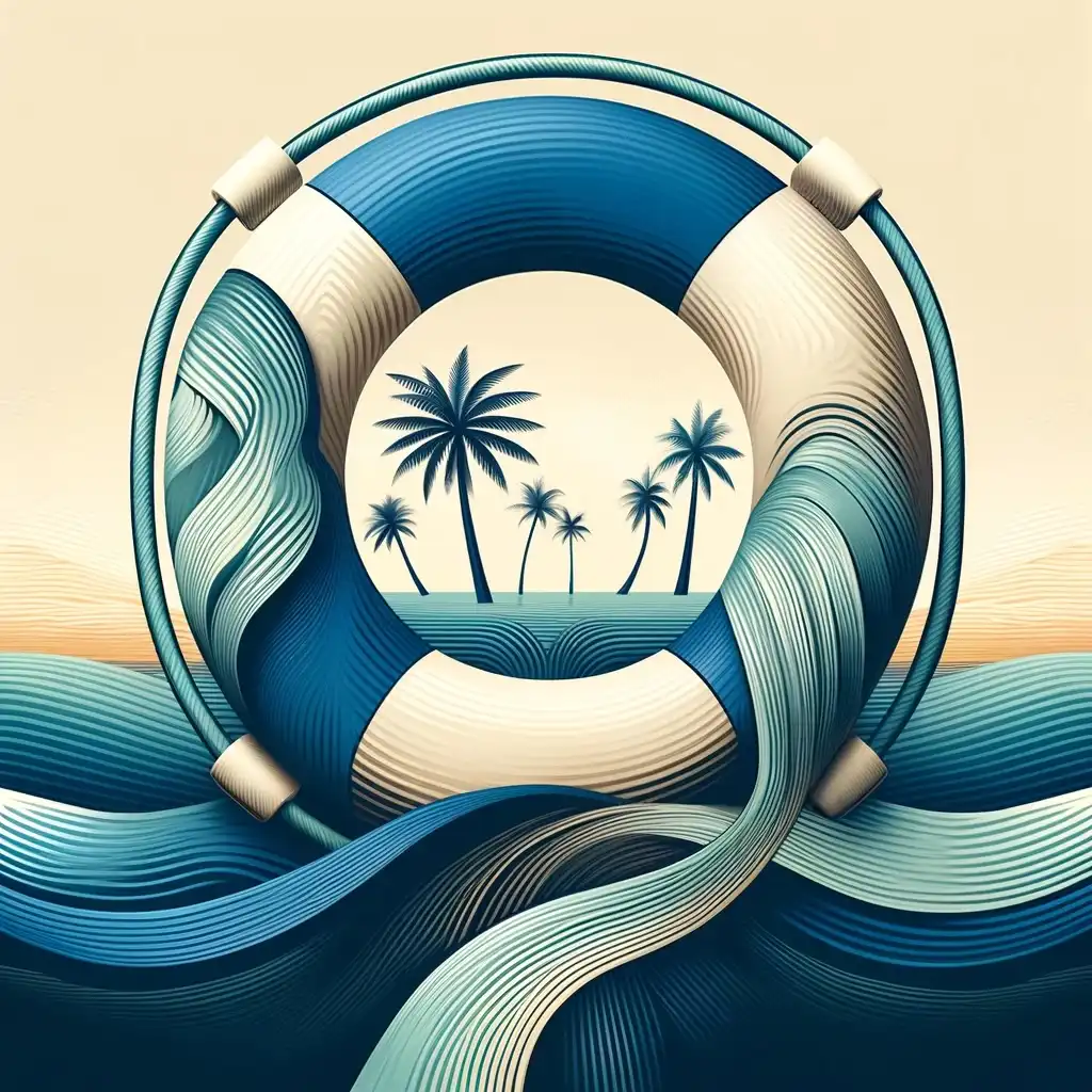 DALL·E 2024-05-16 15.47.18 - An abstract representation of long-term care insurance using a beach and palm tree theme. The image features a sturdy lifebuoy f